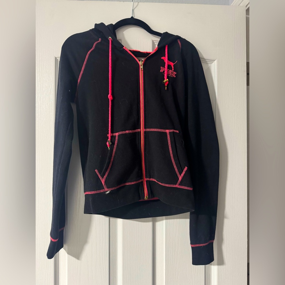 PINK by Victorias Secret Black and Pink Zip Up Full Hoodie with Gold Zipper